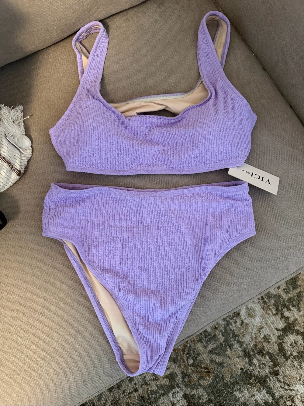 Vici Lavender Textured Bikini Set with Beige Lining